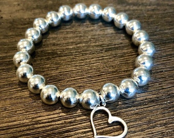 Silver Beaded Bracelet with Silver Heart Charm