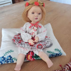 Handmade Art Doll Leila: Collectible Boudoir Doll, Embroidered Pillow