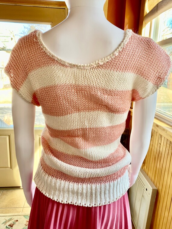 80s vintage peach and white striped knit v-neck w… - image 3