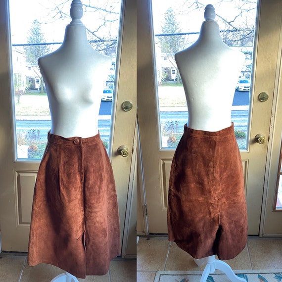 60s/70s brown suede vintage leather skirt/ brown l
