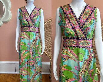 Vintage 1970s homemade paisley psychedelic maxi dress/ empire waist turquoise multi color formal dress women’s size L