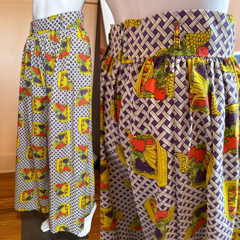 vintage 1970s fruit basket multi color palazzo wide print pants size S zdjęcie 1