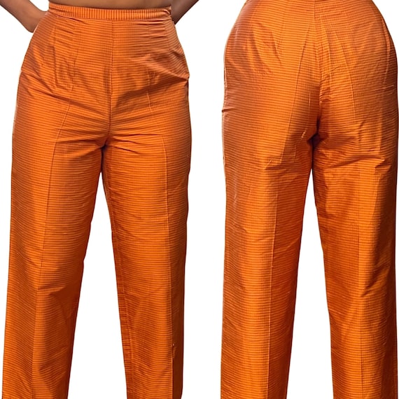 Vintage 80s/90s orange 100% silk trousers womens … - image 1