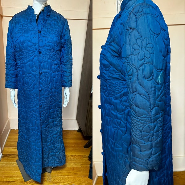 Vintage 1950s/1960s royal blue silk quilted floor length coat women’s size S