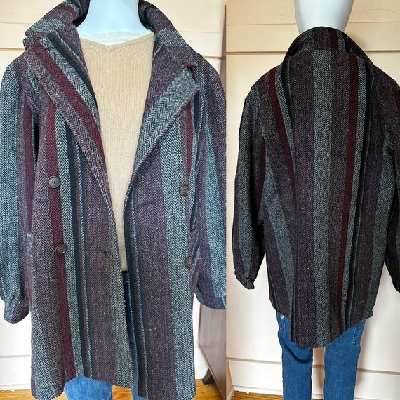 Vintage gray and purple wool striped hoodless coa… - image 1