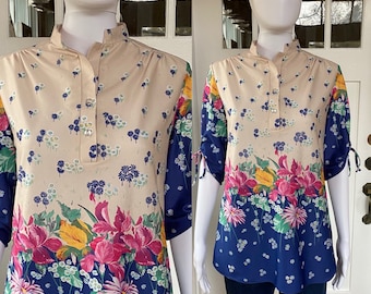 Vintage 60s shoptiques floral print blouse/ mixed print women’s shirt size m