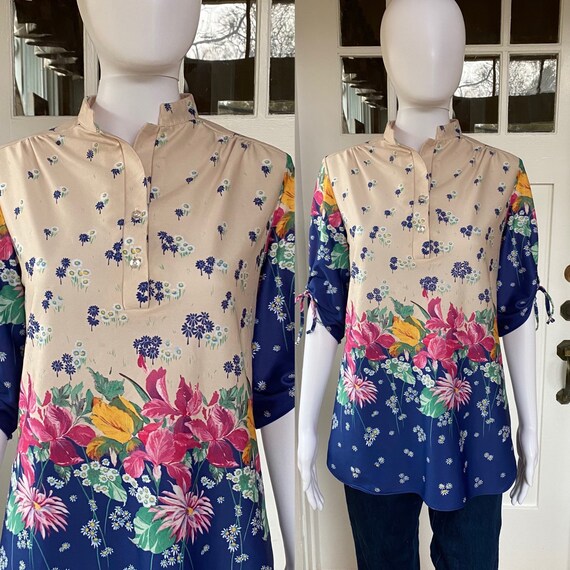 Vintage 60s shoptiques floral print blouse/ mixed print women’s shirt size m