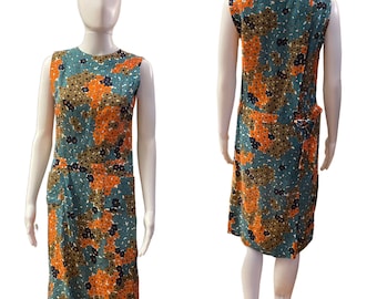 Vintage 1960s Donald Brooks green blue orange print flower mini dress/ womens mini dress size S/M