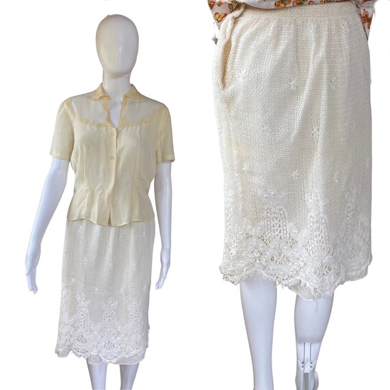 Vintage 70s union made cream lace skirt/ women’s … - image 1