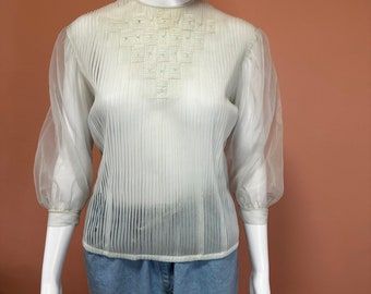 Vintage powder blue puff sleeve pleated blouse/ sheer vintage button down bib blouse women’s size S