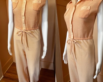 vintage 1970s peach sleeveless wide leg disco jumpsuit women’s size S