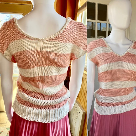80s vintage peach and white striped knit v-neck w… - image 1