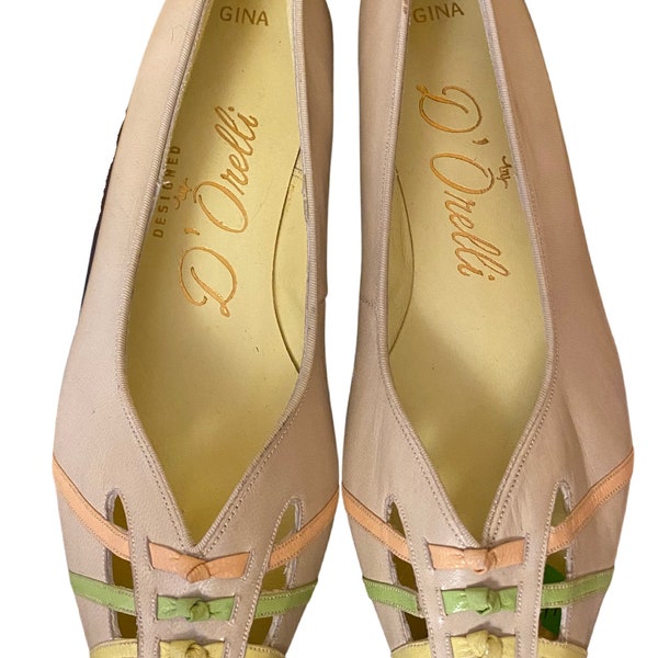 Vintage 60s beige colored leather pointy toed flats with green, yellow and pink accents womens size 5/5.5 NARROW