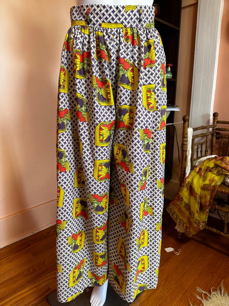 vintage 1970s fruit basket multi color palazzo wide print pants size S zdjęcie 7