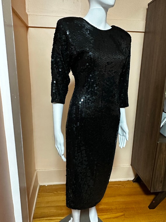 Vintage 1980s Oleg Cassini black sequined midi dr… - image 1