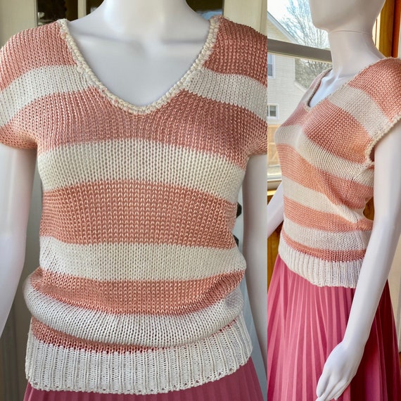 80s vintage peach and white striped knit v-neck w… - image 2