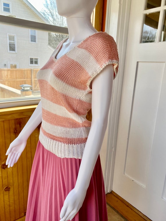 80s vintage peach and white striped knit v-neck w… - image 4