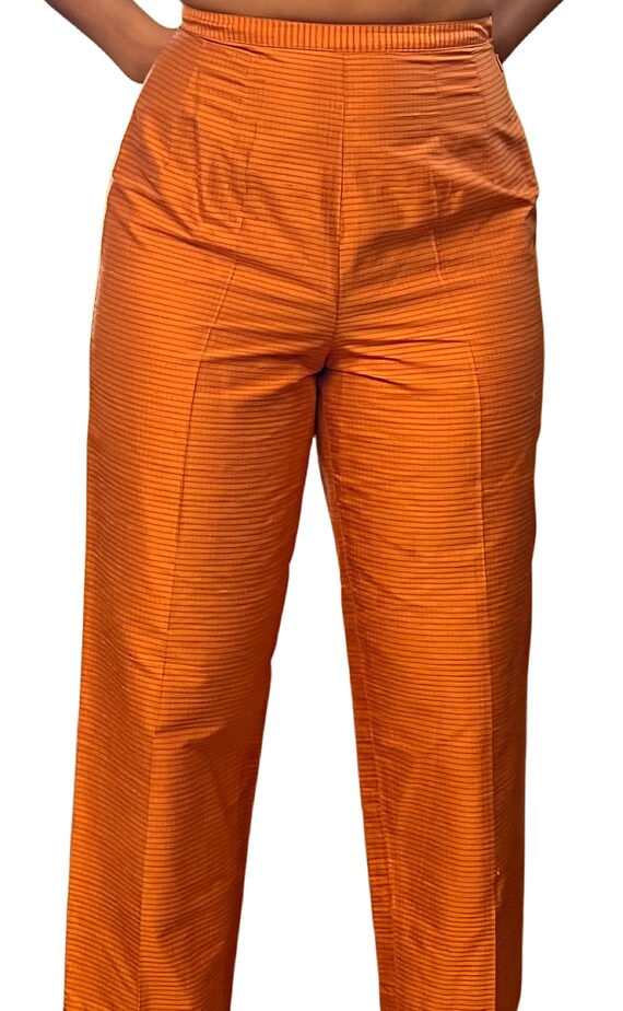 Vintage 80s/90s orange 100% silk trousers womens … - image 4