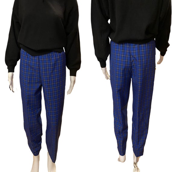 Vintage 80s blue plaid trousers/ womens plaid pri… - image 1