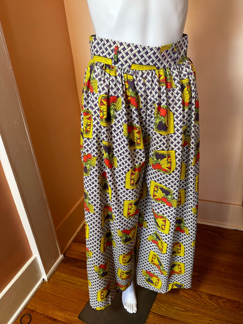 vintage 1970s fruit basket multi color palazzo wide print pants size S zdjęcie 6