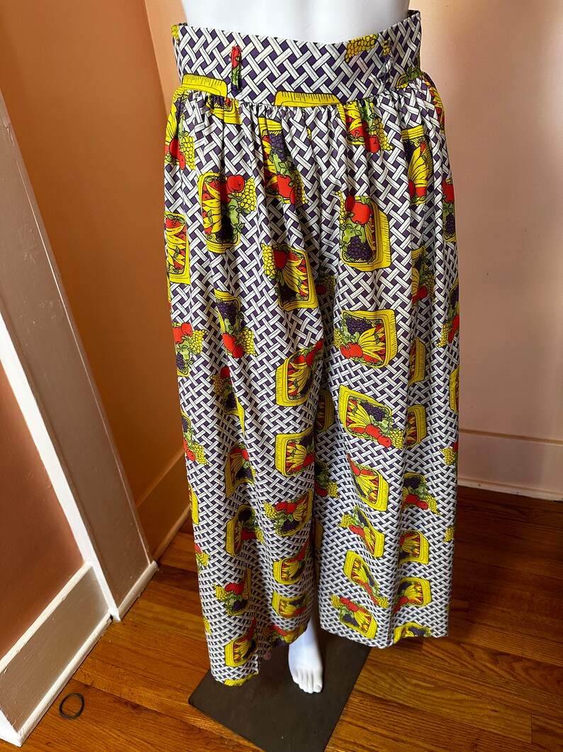 vintage 1970s fruit basket multi color palazzo wide print pants size S zdjęcie 4