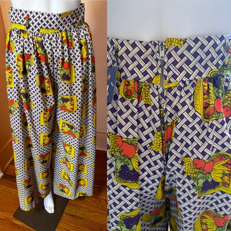 vintage 1970s fruit basket multi color palazzo wide print pants size S zdjęcie 2