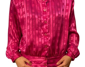 Vintage 80s hot pink long sleeve polyester blouse size M/L