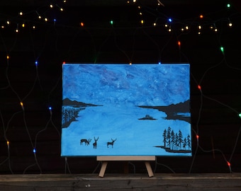 Hand-Painted Winter Landscape Canvas Art, Deer, Night Sky, Christmas Scenery