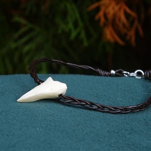 May include: A dark brown leather bracelet with a white, tooth-shaped pendant. The bracelet features a braided design and a silver clasp. The background is a blurred green and teal.
