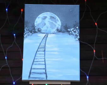 Hand-Painted Winter Landscape Moon Railway Art, Home Decor Wall Hanging
