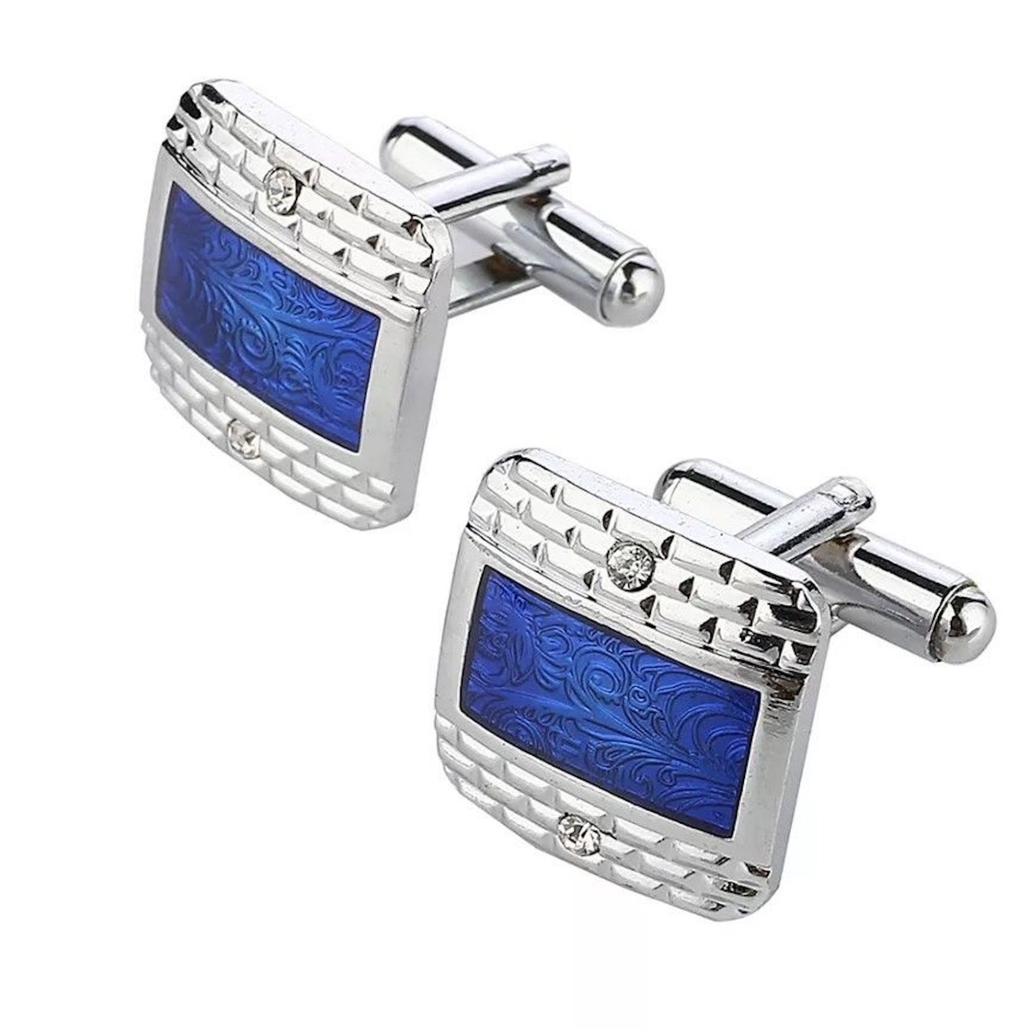 Silver Diamond Blue Cufflinks with Personalised Engraved Etsy