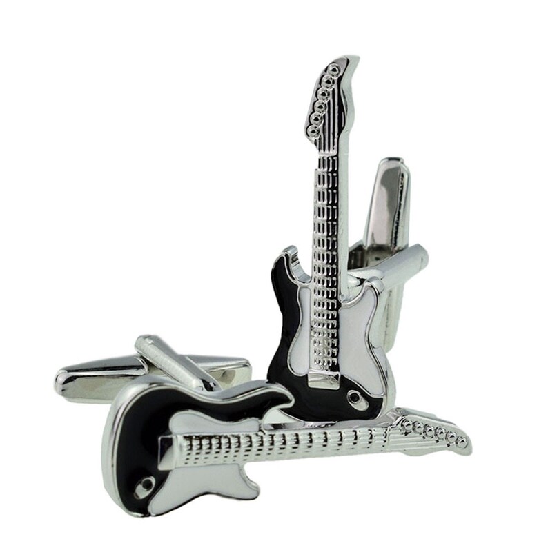 Black Electric Guitar Design Cufflinks with Personalised Engraved Chrome Case