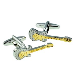 Black Electric Guitar Design Cufflinks with Personalised Engraved Chrome Case