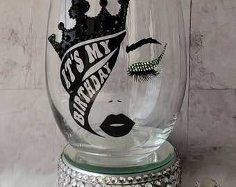 Birthday Wine Glass - Stemless Wine Glass - Bling Wine Glass - Personalized Wine Glass - Birthday Gift - Glam Gift - Diva Wine Glass