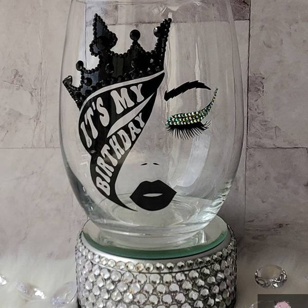 Birthday Wine Glass - Stemless Wine Glass - Bling Wine Glass - Personalized Wine Glass - Birthday Gift - Glam Gift - Diva Wine Glass