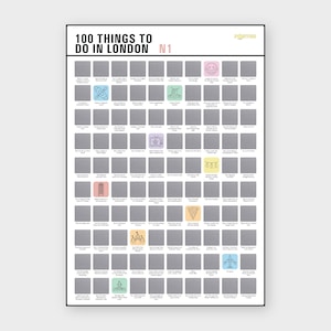 May include: A printable London bucket list poster featuring 100 things to do in London. The poster is divided into a grid of 10 x 10 squares, each with a different activity or landmark. The poster is in black and white with colourful icons for each activity.