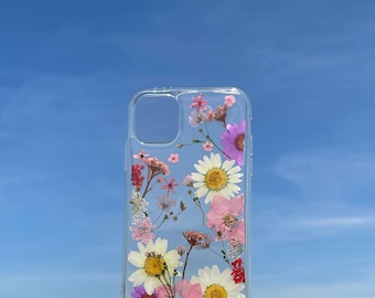 Coque avec fleurs pressées pour iPhone 15 14 13 12 11 Pro Mini Pro Max, iPhone X XR XS Max 7 8