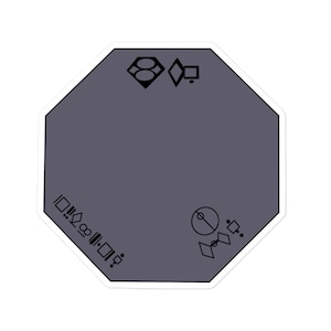 May include: A gray octagon sticker with black geometric shapes and symbols. The sticker has a white border.