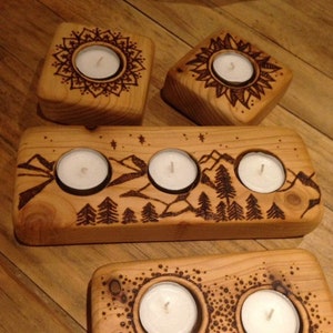 Pyrographed wooden candle holders