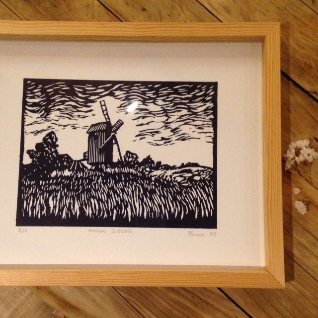Gravue Originale Moulin Suédois Encadrée