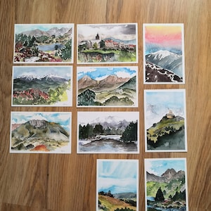 Cartes postales aquarelles de montagnes Pyrénées