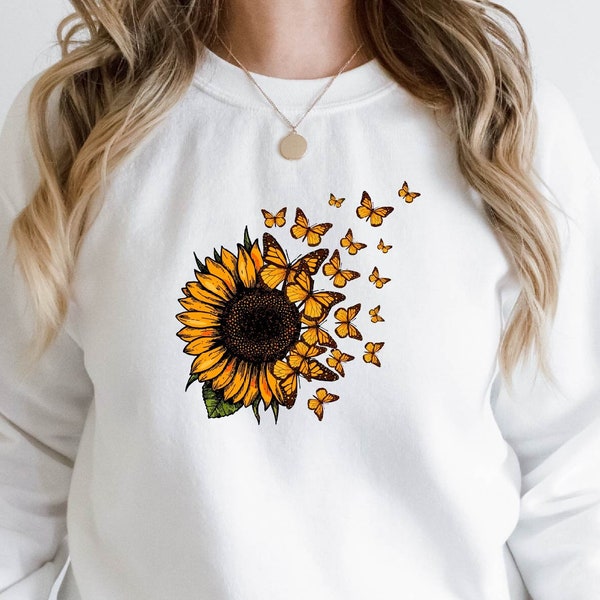 Sunflower Butterfly Sweatshirt, Sunflower Sweater, Butterfly Sweatshirt, Fall Floral Apparel, Pretty Sunflower Women, Cute Butterfly Top