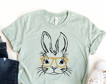 Bunny With Glasses Shirt, Cute Bunny Easter Apparel, Funny Easter T-Shirt, Easter Bunny Graphic Tee, Easter Rabbit Gift, Kids Easter Tee