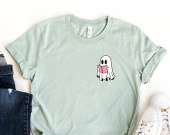 Ghost Reading Halloween T-Shirt, Teacher Halloween Shirt, Librarian Shirt, Book Lover Shirt, Cute Ghost Tee, Spooky Reader Shirt, Book Lover