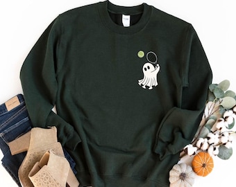 Tennis Ghost Halloween Sweatshirt, Tennis Fall Sweater, Funny Ghost Top, Cute Ghost Sweat, Halloween Gift, Tennis Mom, Left Pocket Ghost