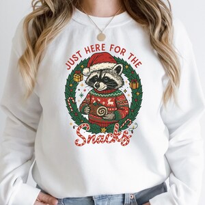Just Here For Snacks Shirt, Christmas Raccoon With Snacks Sweatshirt, Funny Raccoon T-Shirt, Christmas Sweater, Festive Raccoon Tee