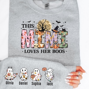 Custom Halloween Mimi Sweatshirt with Kids Name on Sleeve, This Mimi Loves Her Boos Sweater, Grandma Halloween Gift, Halloween Ghost Sweater