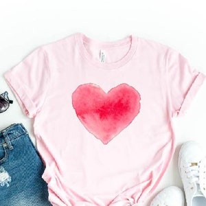 Watercolor Heart T-Shirt, Heart Shirt, Valentine&#39;s Day Shirt, Funny Heart Shirt, Gift for Valentine&#39;s Day, Cute Valentine&#39;s Red Heart Shirt