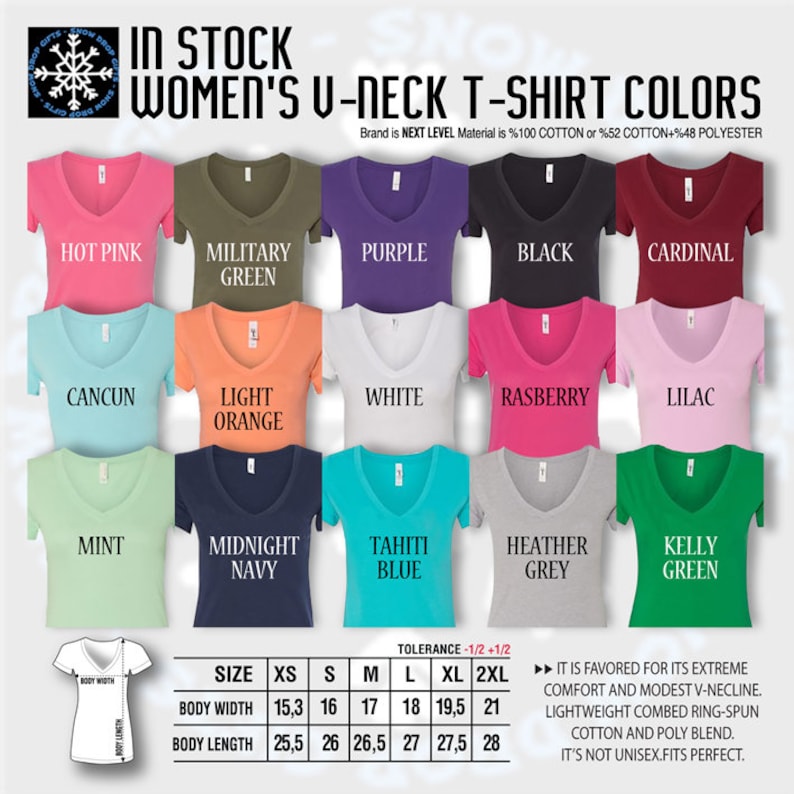 May include: A chart showing different colors of women's v-neck t-shirts. The chart includes the following colors: hot pink, military green, purple, black, cardinal, Cancun, light orange, white, raspberry, lilac, mint, midnight navy, Tahiti blue, heather grey, and Kelly green. The chart also includes the size chart with measurements in inches for XS, S, M, L, XL, and 2XL.