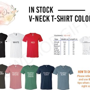 May include: A product image showcasing a variety of V-neck t-shirts in various colors, including black, white, and red. The image also displays a size chart with measurements in inches, and the text "IN STOCK V-NECK T-SHIRT COLORS".